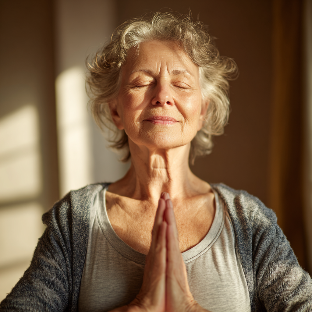 Elderly European woman practicing mindful yoga meditation in peaceful garden setting