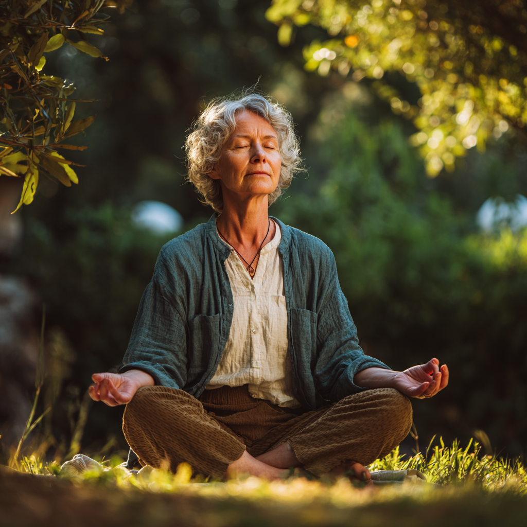 Confident elderly European woman doing gentle yoga poses for hormonal health