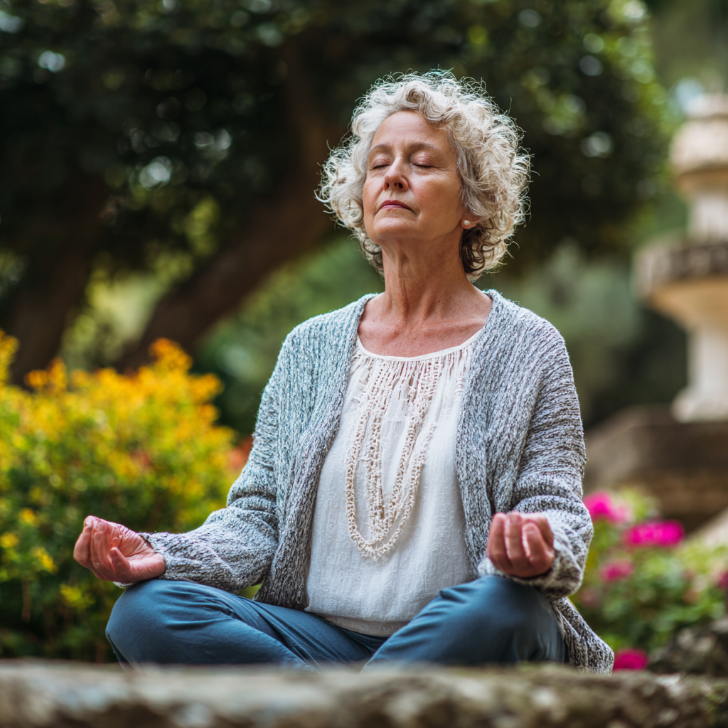 Peaceful elderly European woman in meditation pose showing emotional balance and serenity